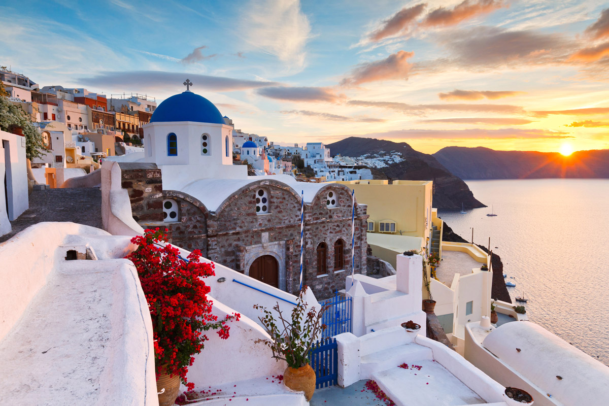 Santorini sunset behind caldera