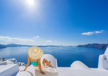 Woman Admiring Caldera View Santorini Greece