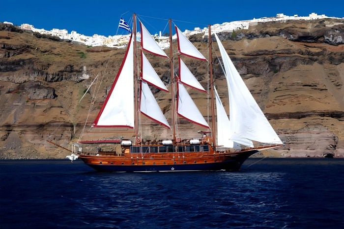 Afrodite Wooden Vessel Sailing Inside The Santorini Caldera