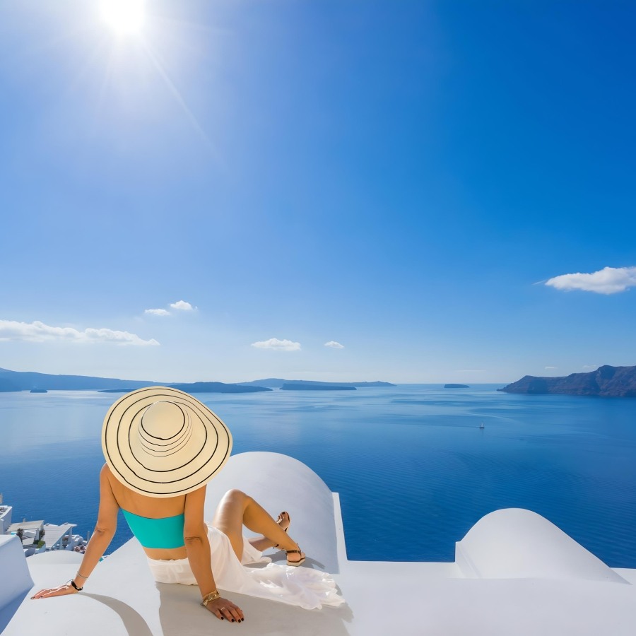 Woman Admiring Caldera View Santorini Greece
